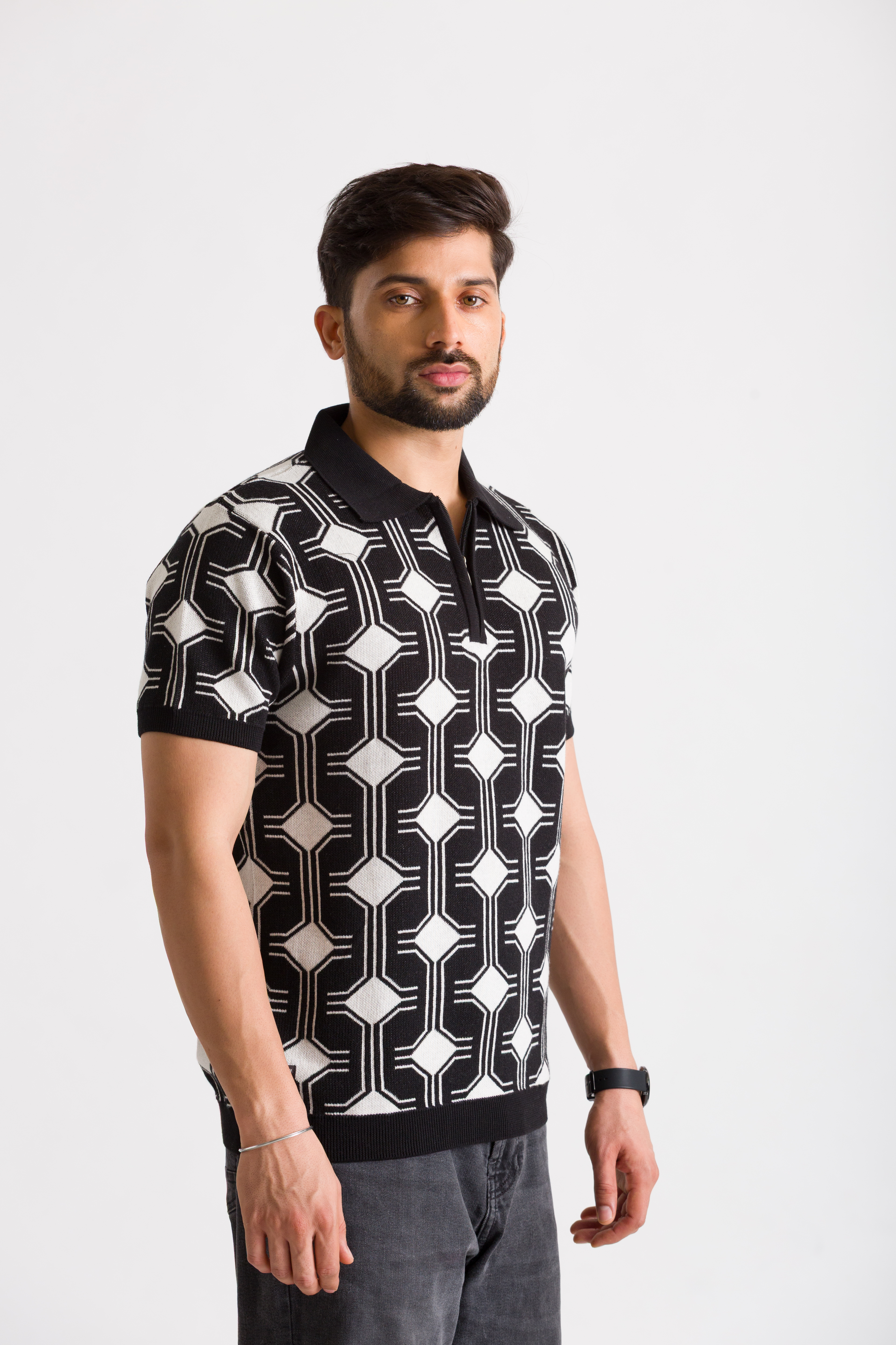 Knitted Black Jacquard Polo T-Shirt